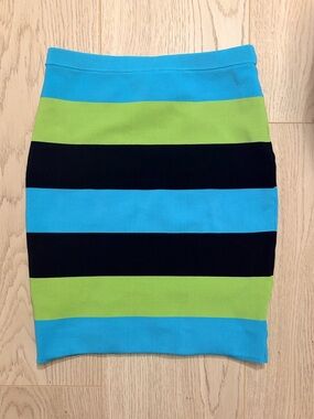 Bebe Striped Mini Skirt XS Blue Green Black Bodycon Bandage Knit